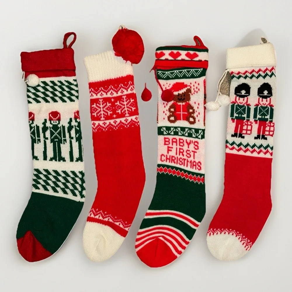 Vintage Knit Sweater‎ Style Christmas Stockings Lot of 4 Red Green White Kitschy